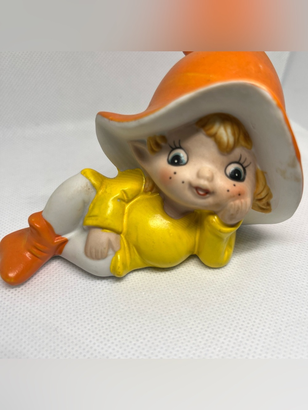 Vintage Homco Pixie Ceramic Figurine in Yellow Outfit with Orange Hat